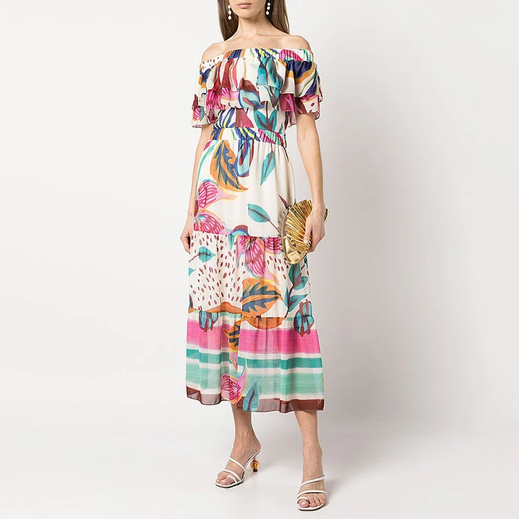 Off Shoulder Ruffle Printed Dress