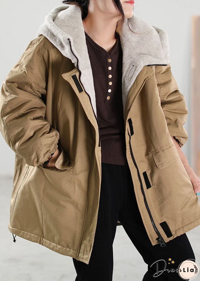 Plus Size Khaki Hooded Patchwork Faux Fur Coat Winter