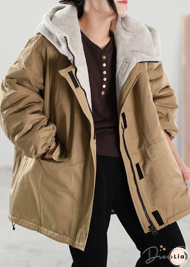 Plus Size Khaki Hooded Patchwork Faux Fur Coat Winter