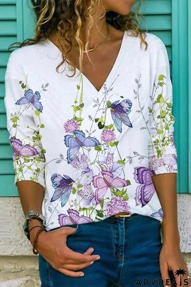 Butterfly Print V-neck Long Sleeves Sweatshirt