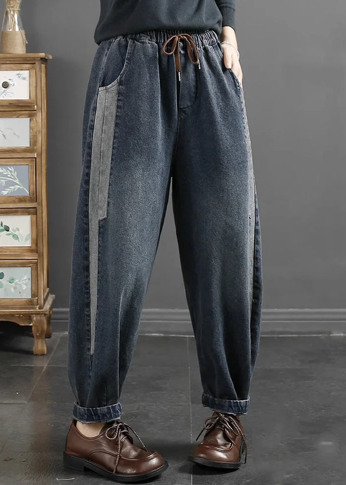 Vintage Blue Pockets Lace Up Elastic Waist Jeans Fall