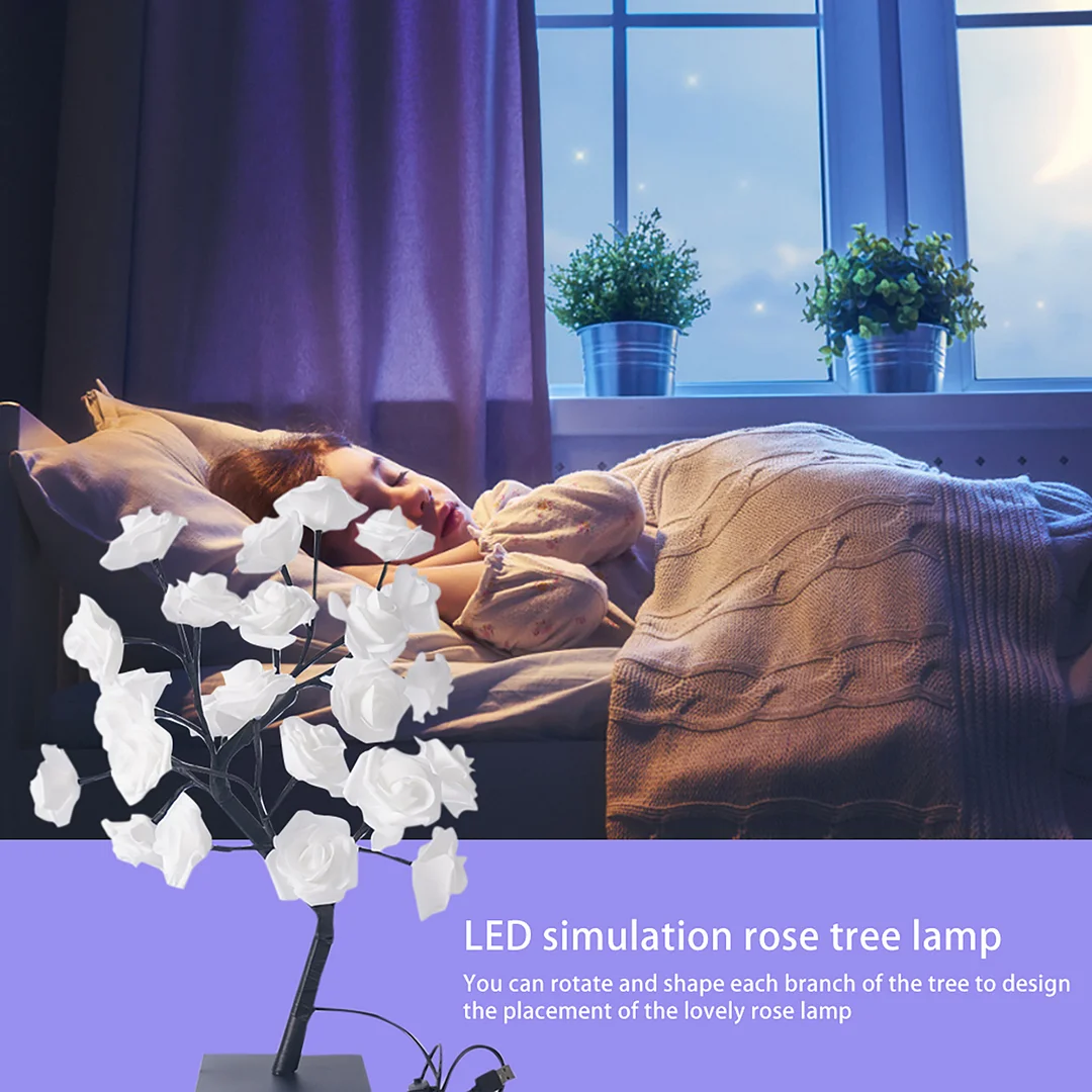 Table Flower Tree Rose Lamp Fairy Bonsai Tree Desk Light for Women (White)