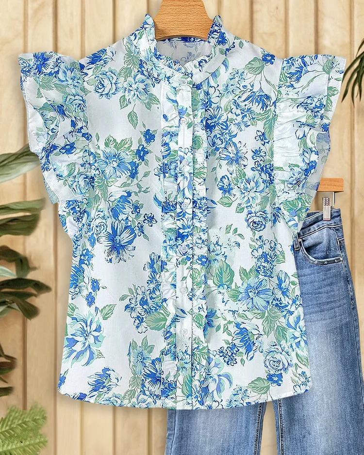 Floral Print Ruffle Sleeve Glamorous Button Blouse