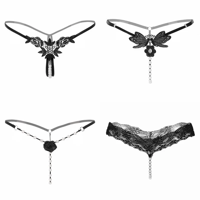 Billionm String Femme Sexy Lace Pearl Panties Underpants Women Lingerie Sexy Hot Porn Low Rise Thongs Black Tangas Underwear for Sex