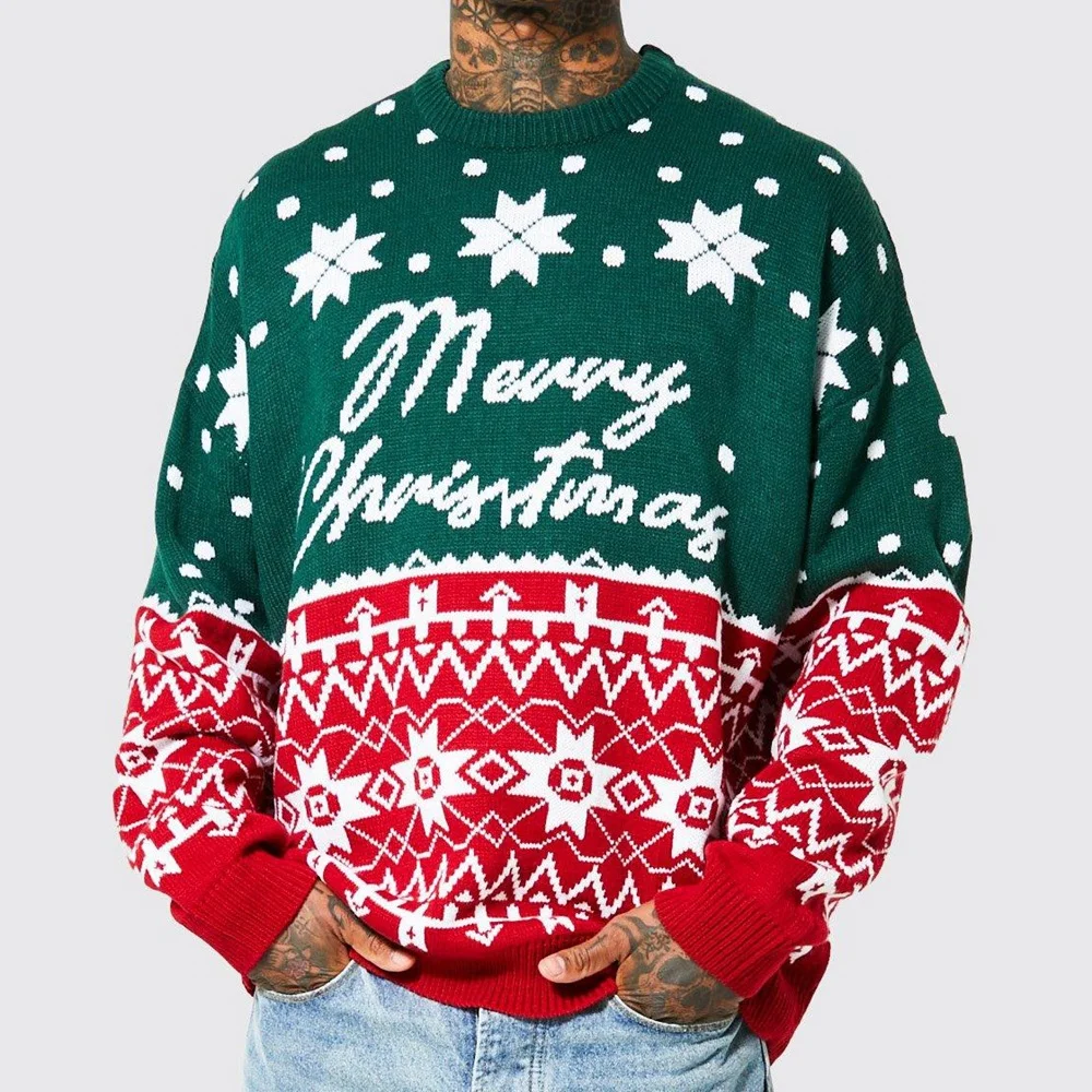 Uveng Uveng Men's Autumn/Winter Christmas Knitted Christmas Jackcase Christmas T-Shirts With Loose Hooded Sweater SY0063