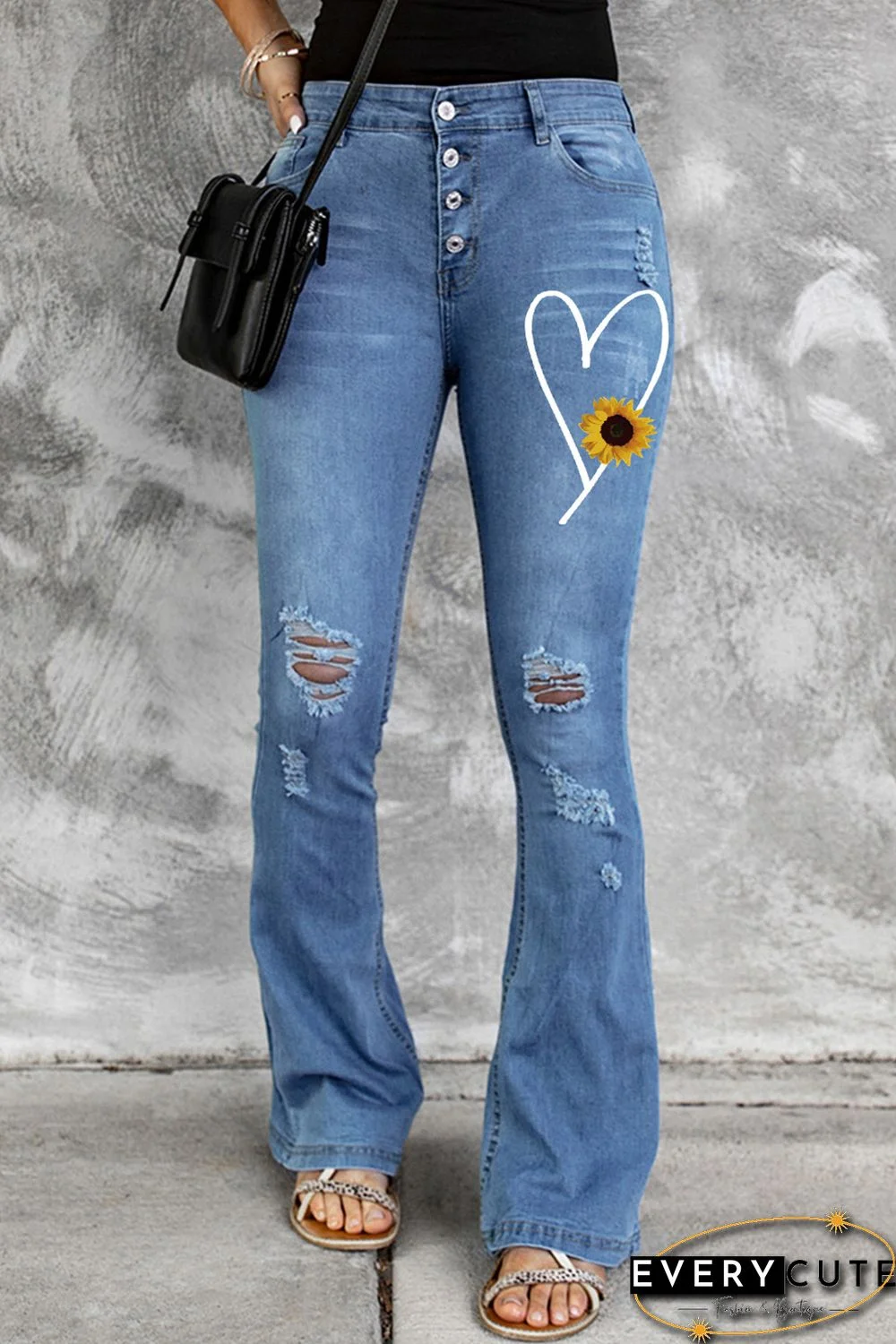 Sky Blue Sunflower Heart Print Button Fly Distressed Flare Jeans