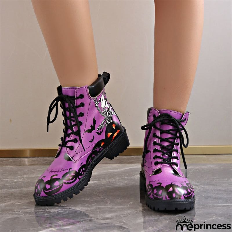 Halloween Element Printed Women's Lace-up Round Toe Martin Boots