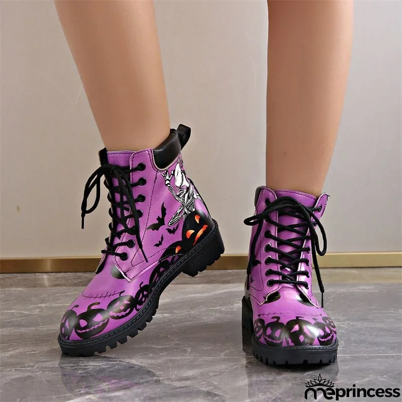 Halloween Element Printed Women's Lace-up Round Toe Martin Boots