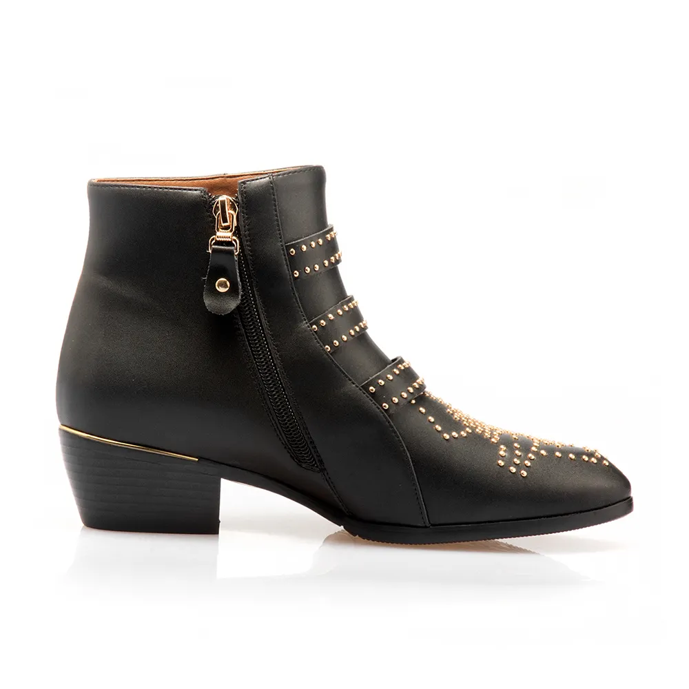Women's Rivets Metal Buckle Low Heels Ankle Boots-vocosishoes