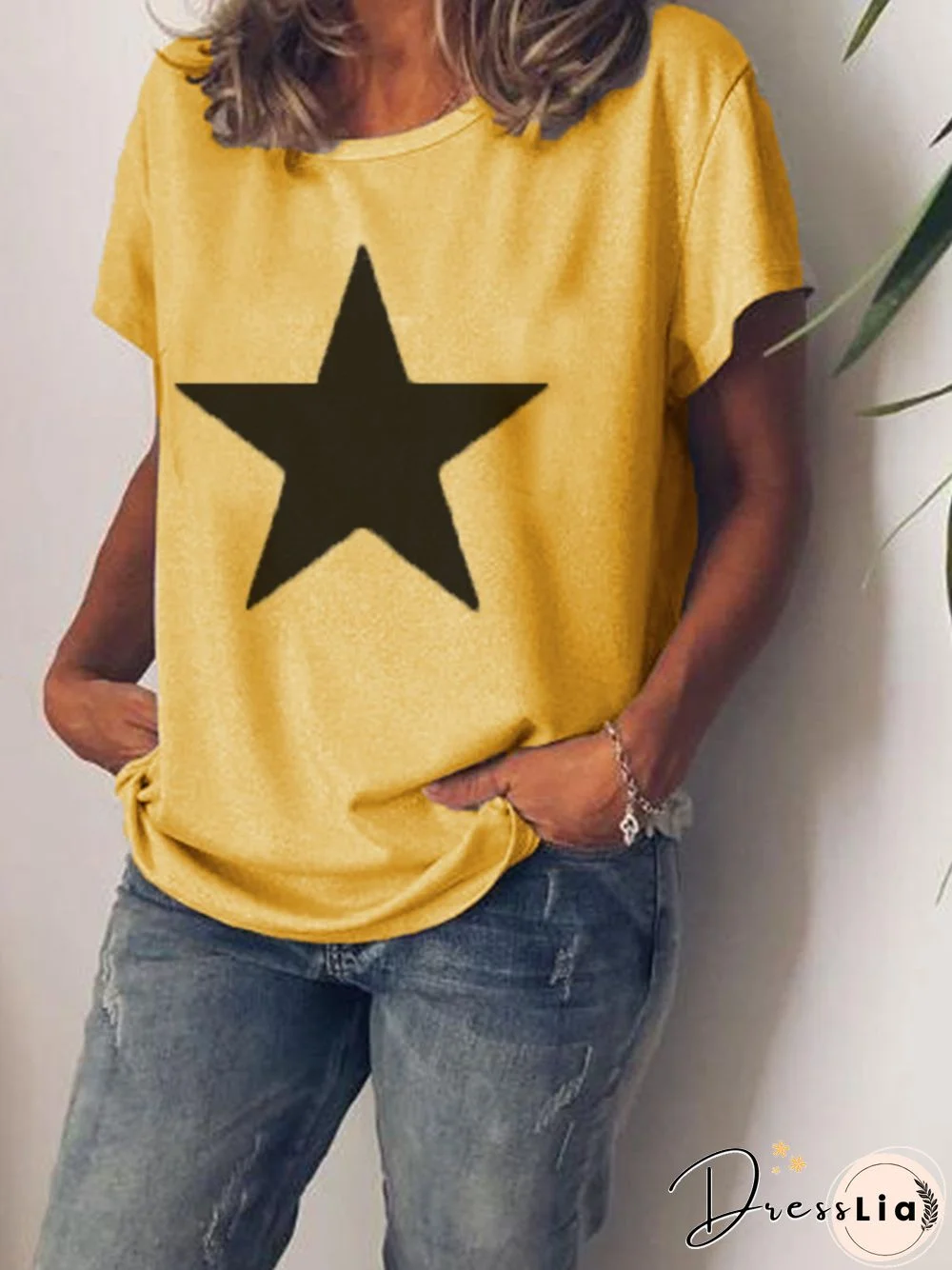 Star Round Neck Short Sleeve Cotton-Blend T-shirt