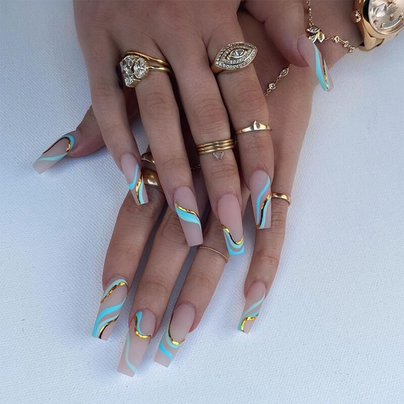 24pcs Nude Fake Nails Long Blue Gold Wave Pattern Coffin False Nails Acrylic Detachable Matte Full Nail Decoration Art Tips