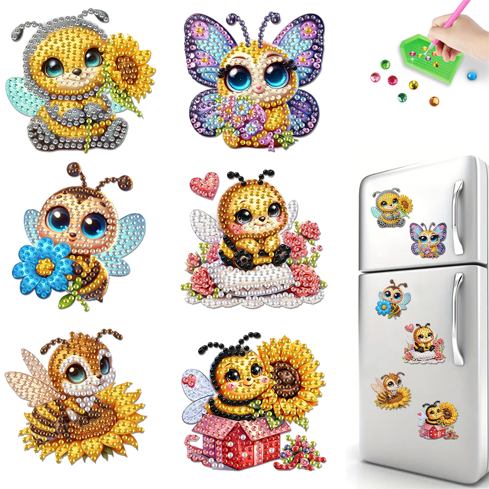 6Pcs Acrylic Bee Diamond Painting Fridge Magnet for Fridge Whiteboards