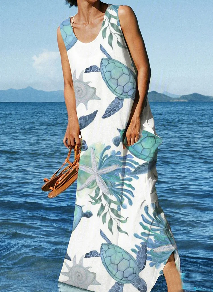 Women's Sea Turtle Print Casual Sleeveless Maxi Dress
