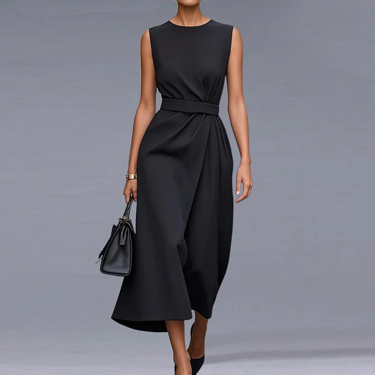 Formal Solid Round Neck Sleeveless Belt Midi Dress