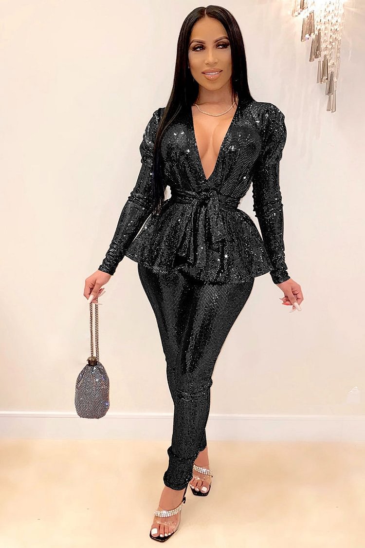 Sequin Wrap Top Pant Set Shine 2pcs Coat Suit