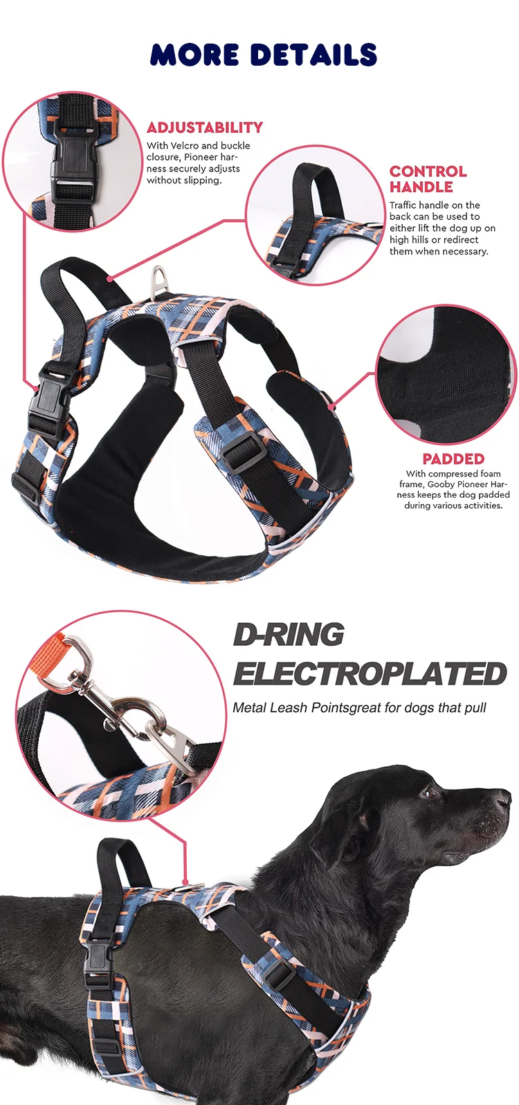 thumbnail image 2 of Medium No-Pull Vest - Adjustable, Reflective, With Handle, Sizes XS To XXL, Pink Dog Harness 2 of 14