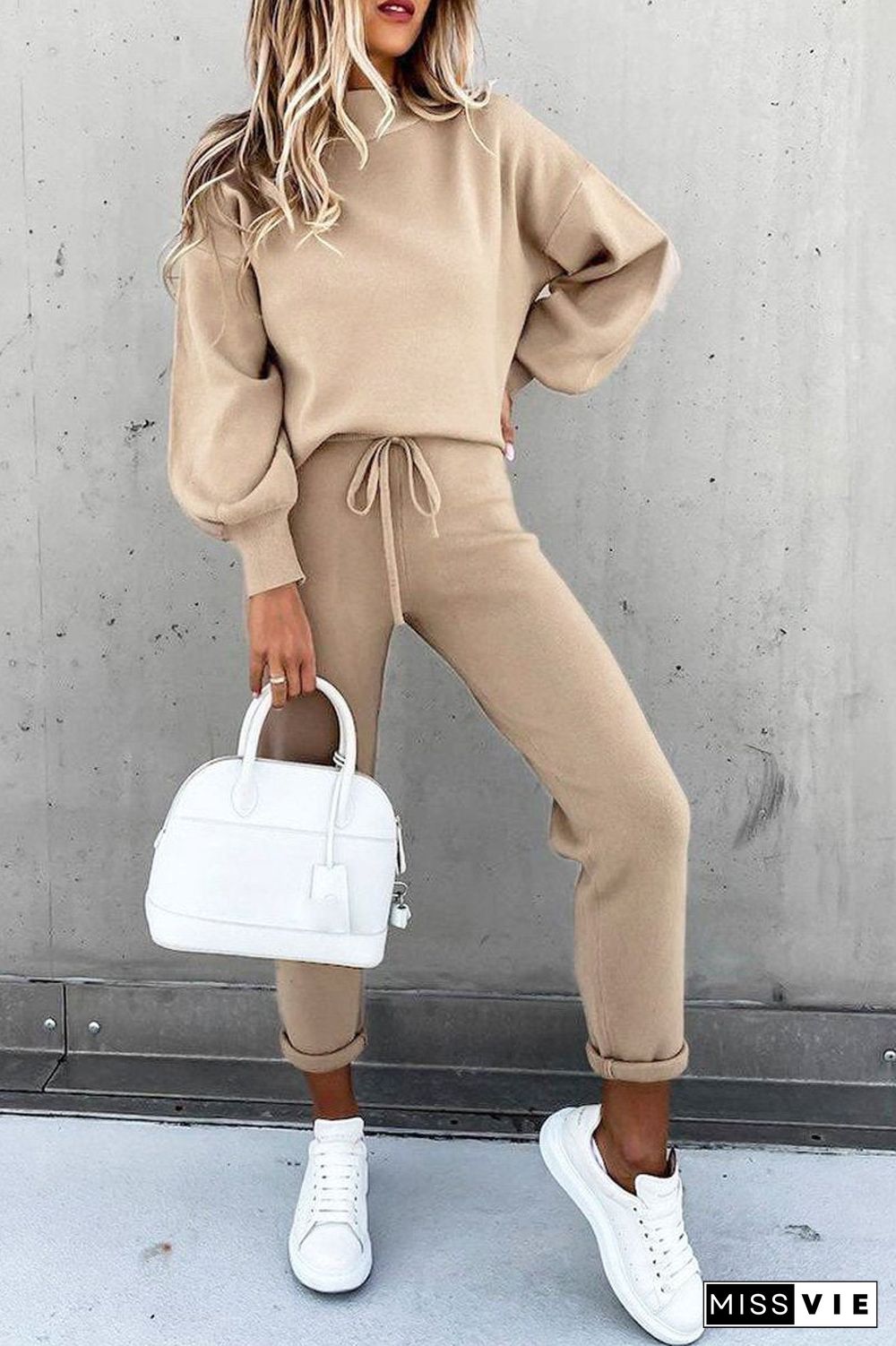 Solid Drawstring Waist Two Pieces Sets