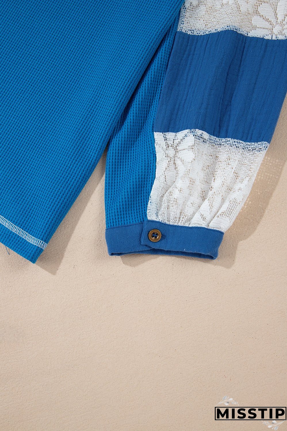 Sky Blue Lace Floral Patchwork Sleeve Stitching V Neck Rib Knit Blouse