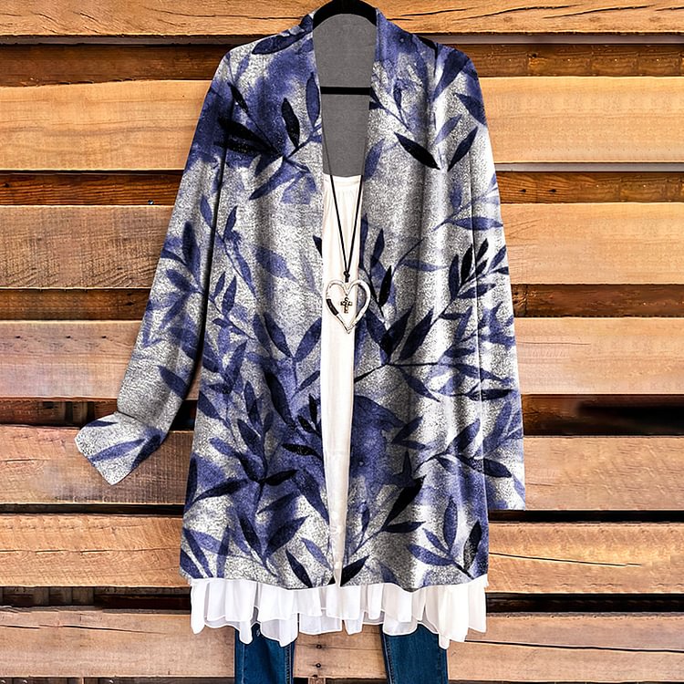 Vefave Casual Ink and Bamboo Leaf Print Cardigan