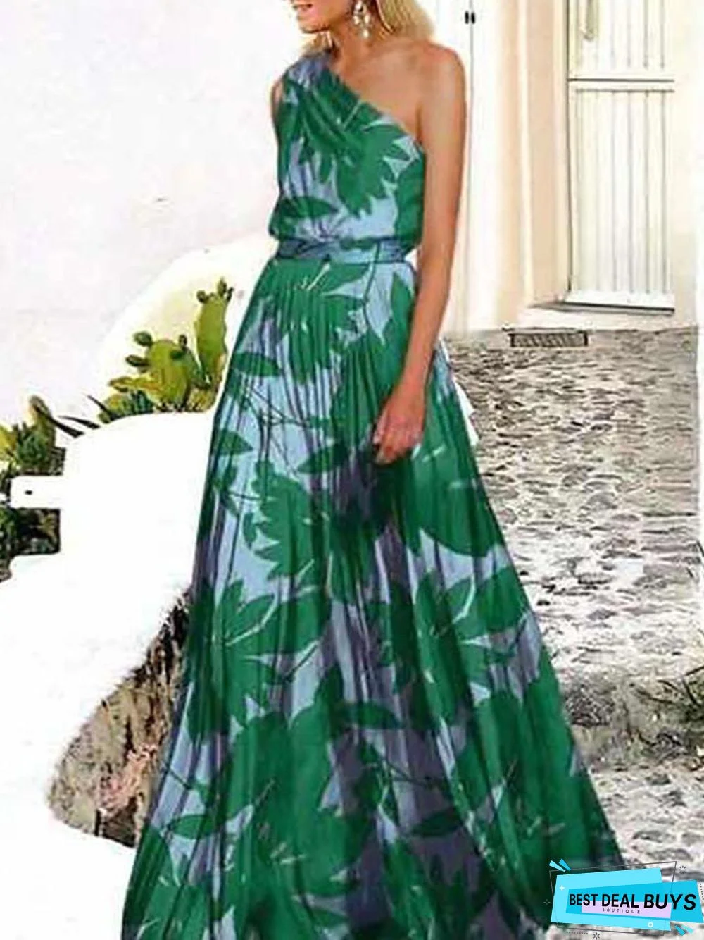 Women's Swing Dress Maxi Long Dress Sleeveless Print Trees / Leaves Spring & Summer One Shoulder Hot Holiday Beach Vacation Dresses Green Rose Red