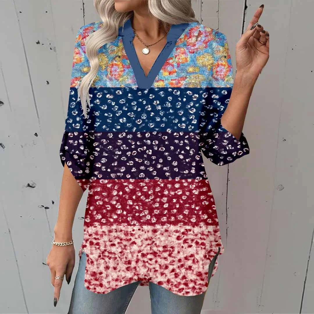 Women Floral, Red, Patchwork DZGA0061 3/4 Sleeve V-neck Printed Graphic Button Tops