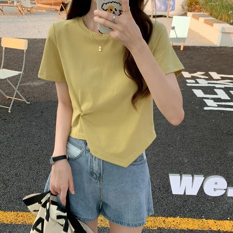 Uveng Uveng Short-Sleeved T-Shirt Women 2024 New Summer Design Design Sense Niche Half Sleeve High Waist Short Top