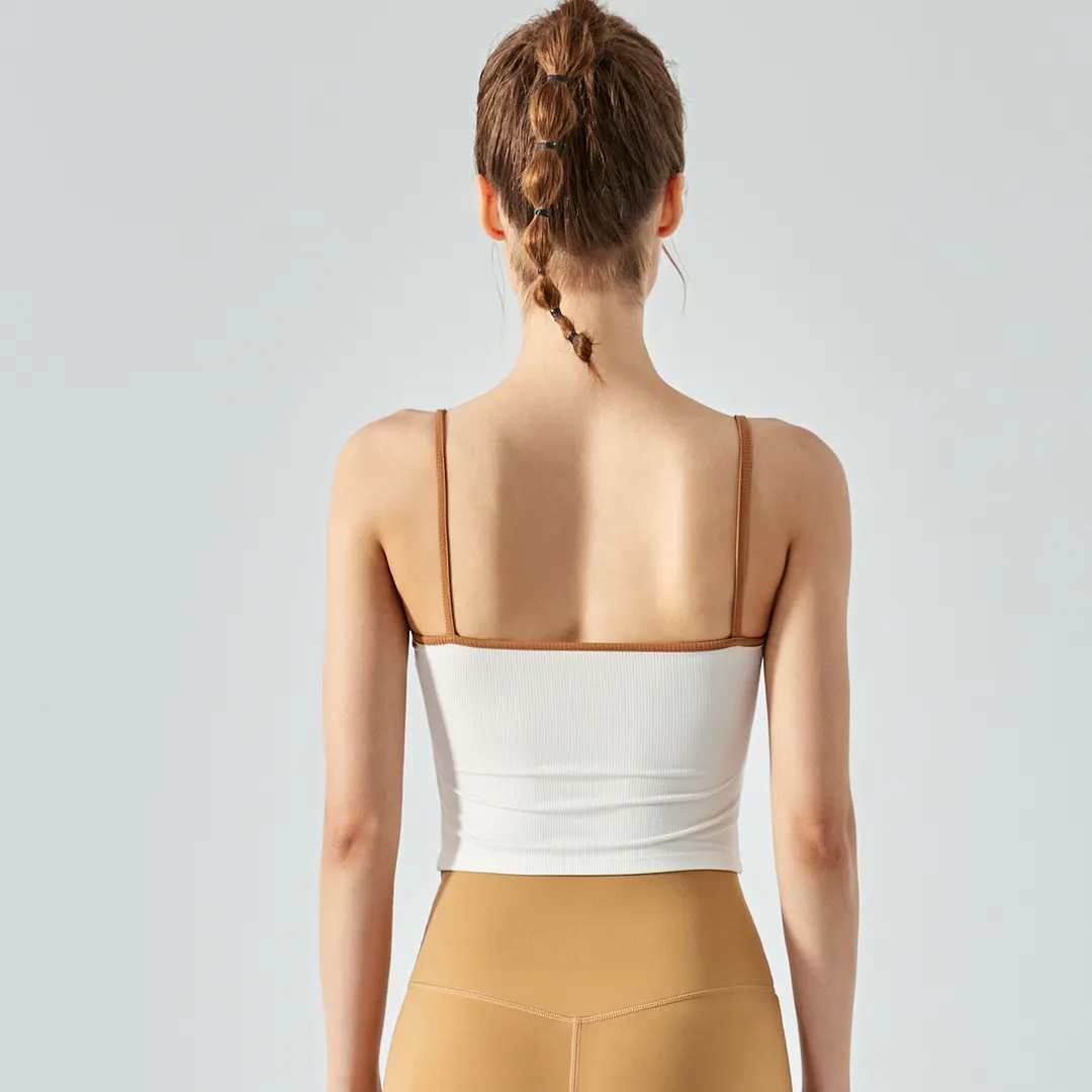 Buy Hergymclothing Milk Tea White women's slim fitting ribbed camisole gym tank top with removable cups at an affordable price