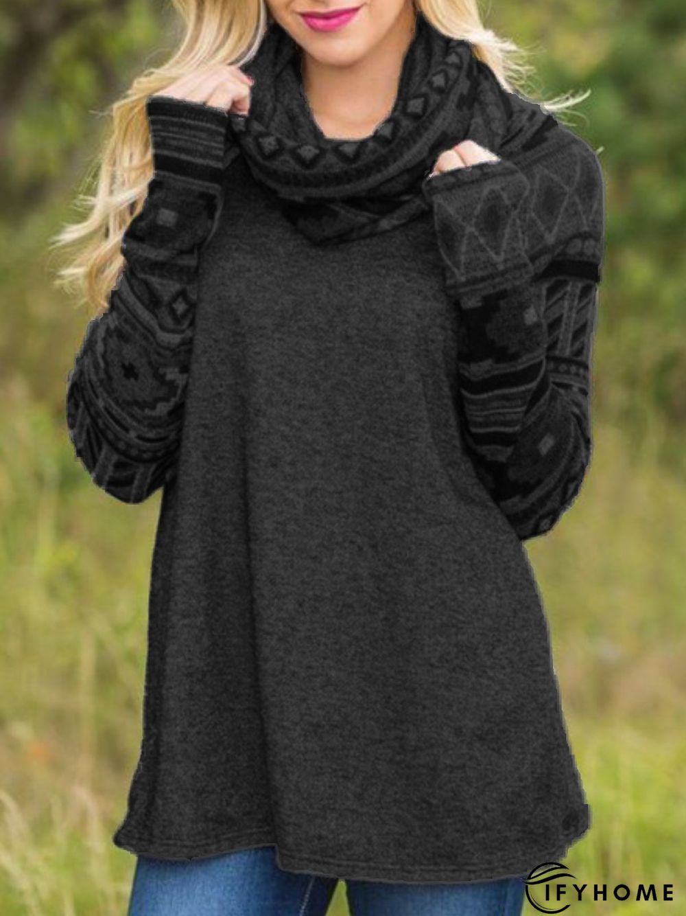 Long Sleeve Printed Cowl Neck Casual Tunic Top | IFYHOME