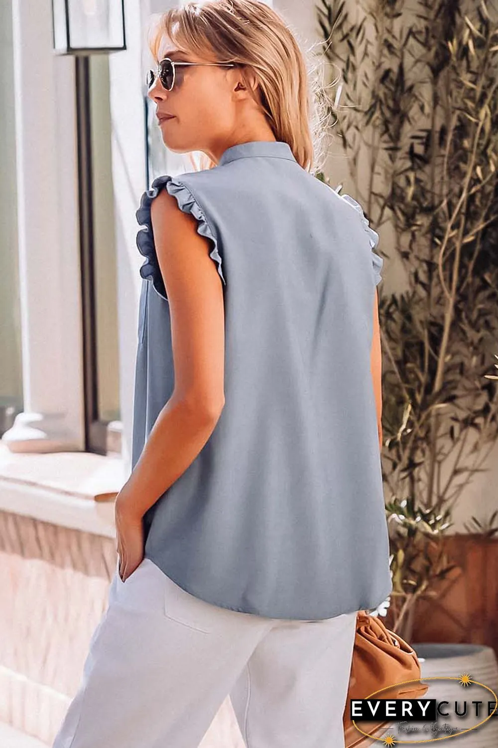 Sky Blue Button Up Ruffled Sleeveless Shirt with Chest Pocket