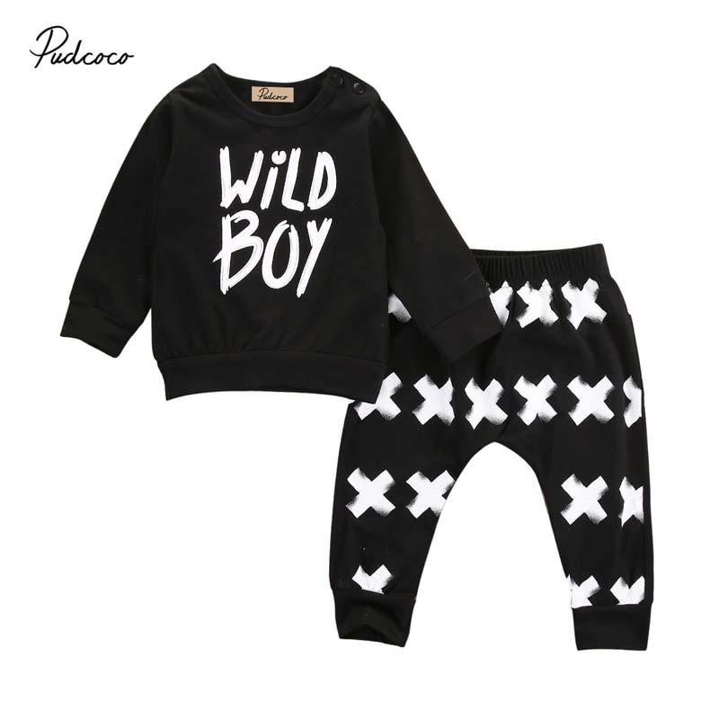 2019 Baby Spring Autumn Clothing Newborn Baby Boys Long Sleeve Letter T Shirt Tops+ Plus Print Pants Clothes 2PCs Outfits Set