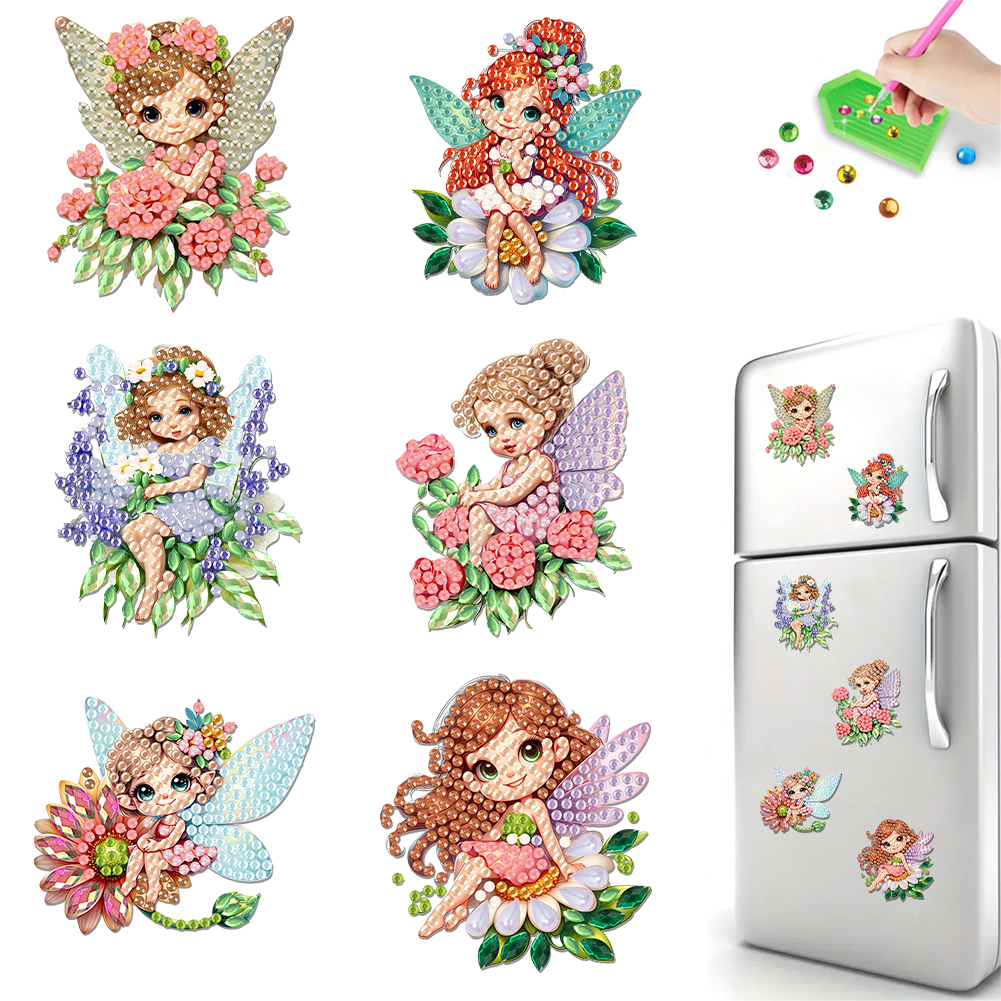 6Pcs Acrylic Flower Elf Diamond Art Refrigerator Magnets Sticker for Beginners