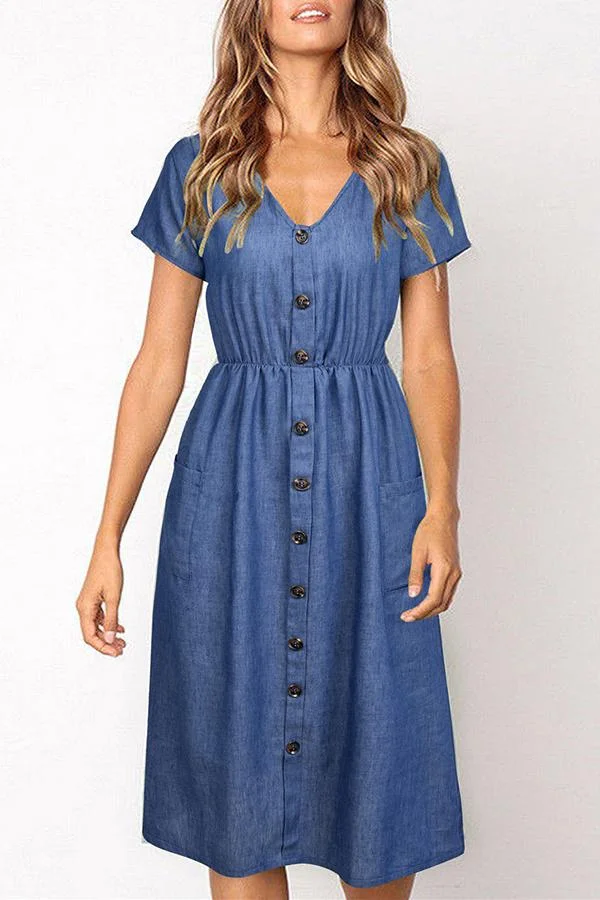 Womens Stylish Single-breasted V Neck Denim Dress-Allyzone-Allyzone