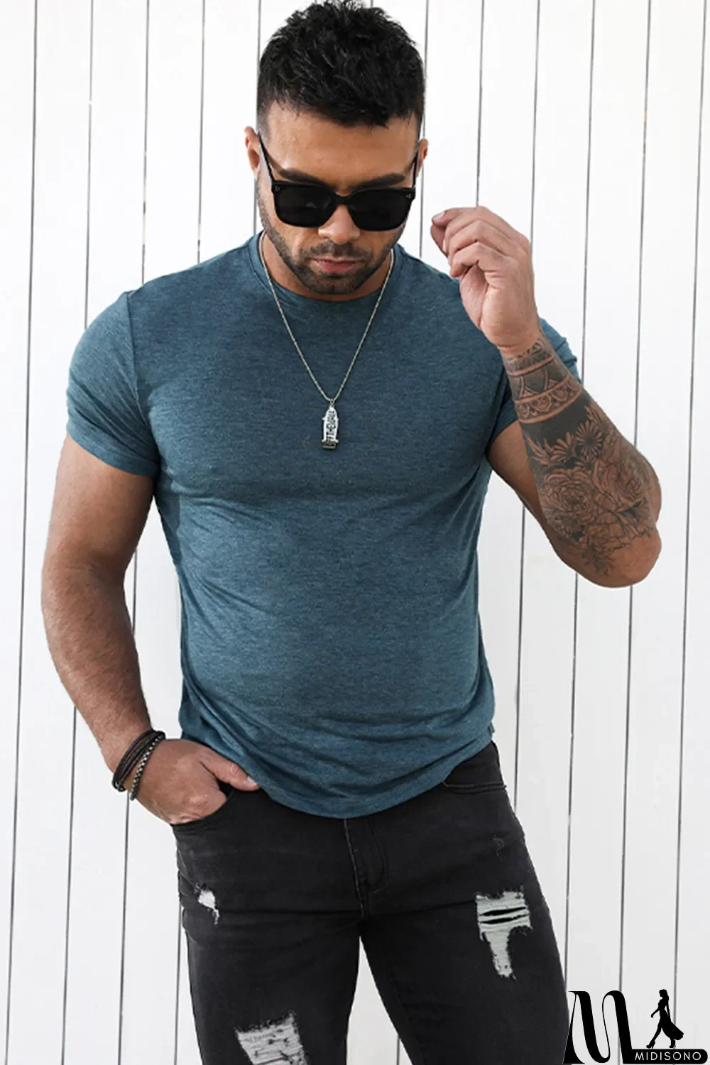 MidiSono - Blue Solid Basic Crewneck Short Sleeve Men's T-shirt