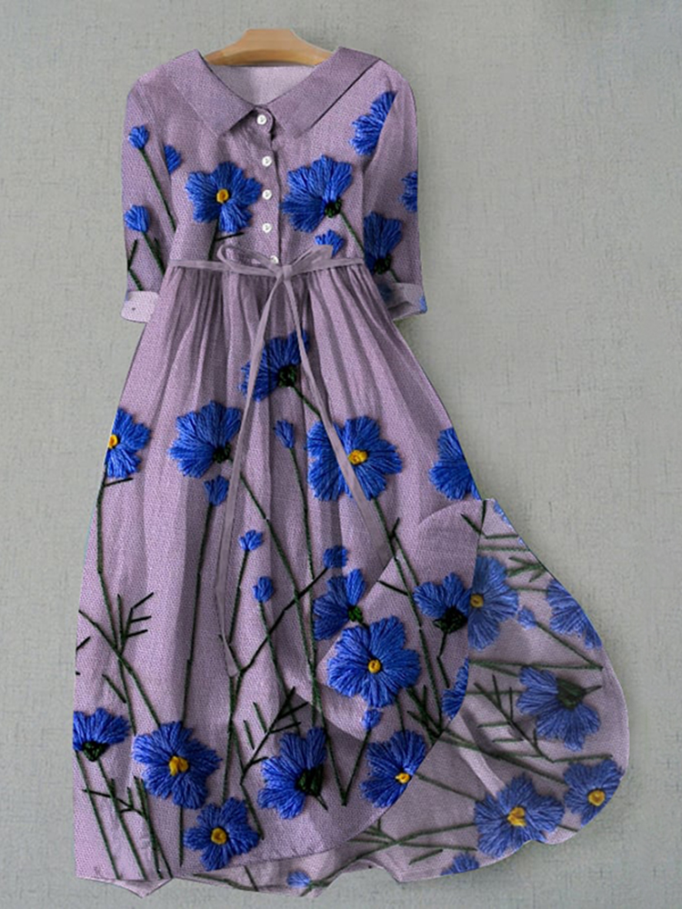 Comstylish Vintage Botanical Purple Floral Design Print Lace-up Casual Midi Dress