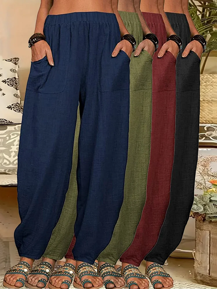 Women's 4pcs Non-Stretchy Harem Pants - Elastic Waist With Dual Pockets, Loose Fit All-Season Pants For Women, Yoga, Gym, Everyday & Vacation Outfits - Machine Washable Non-See-Through Bottoms, Yoga Outfit, Casual Style, Breathable Fabric, Casual Wear