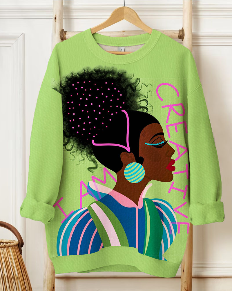 Women's Black Female Illustration I Am Creative Print Crewneck Sweatshirts