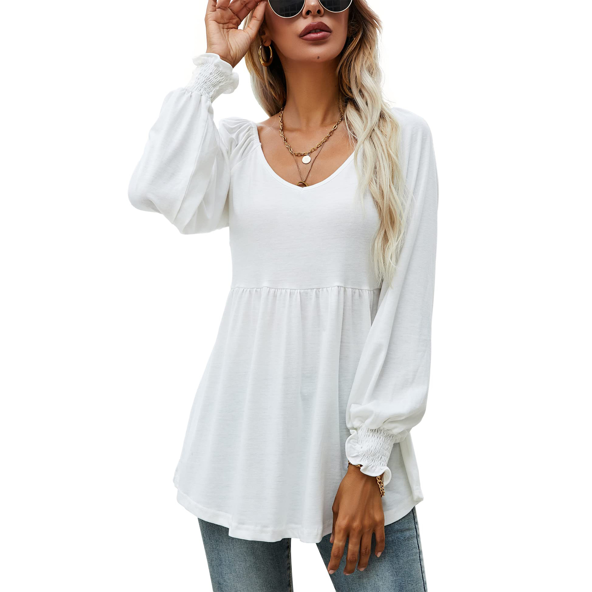 Women's Top V-Neck Balloon Sleeve Pleated Casual Shirts