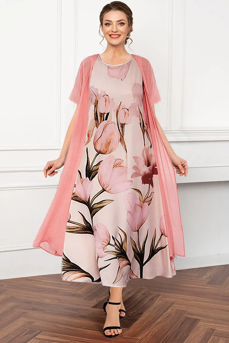 Flycurvy Plus Size Mother Of The Bride Pink Chiffon Tulip Print Two Pieces Maxi Dress  Flycurvy [product_label]