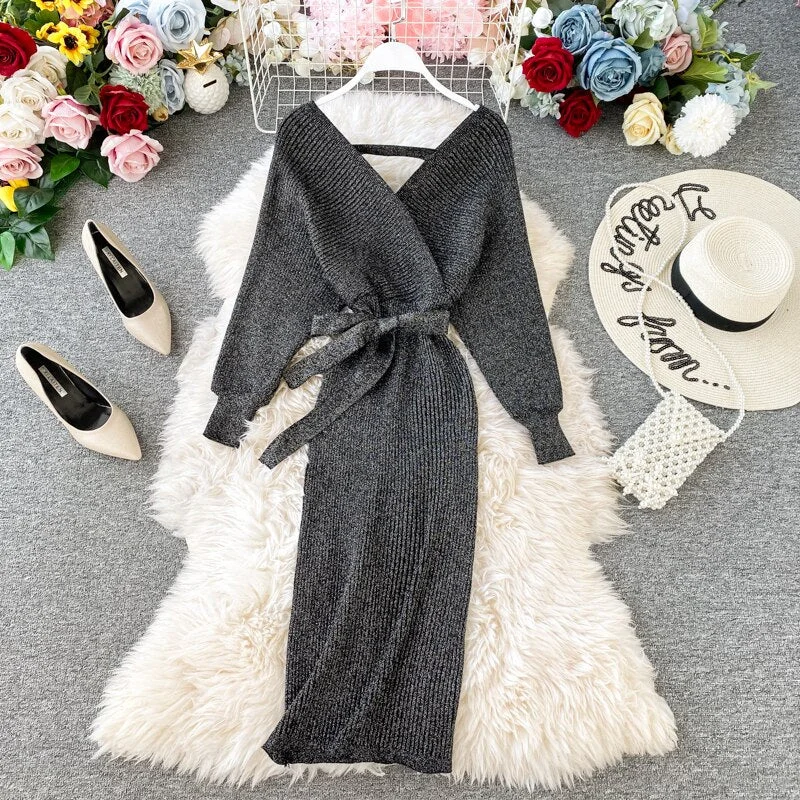 Dresses For Women Autumn Winter Sweater Dress Batwing Long Sleeve Cross V Neck Sexy Elegant Knitted Bodycon Midi Dress With Belt