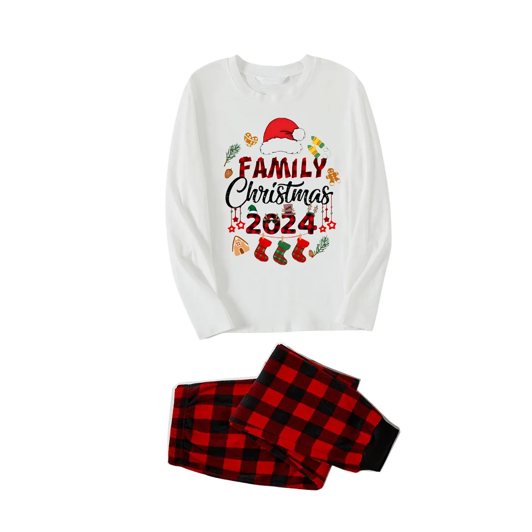 "Family Christmas 2024" and Christmas Pattern Printed Red & Black Plaid Family Matching Pajamas