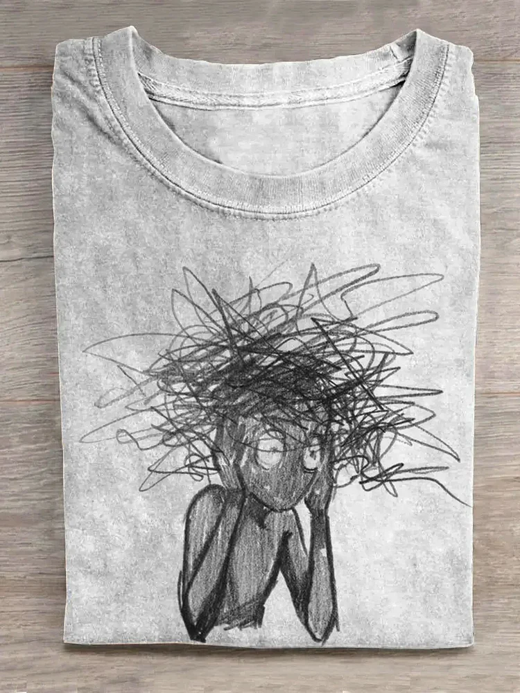 A Person with A Pencil Drawing Full of Lines on His Head T-shirt