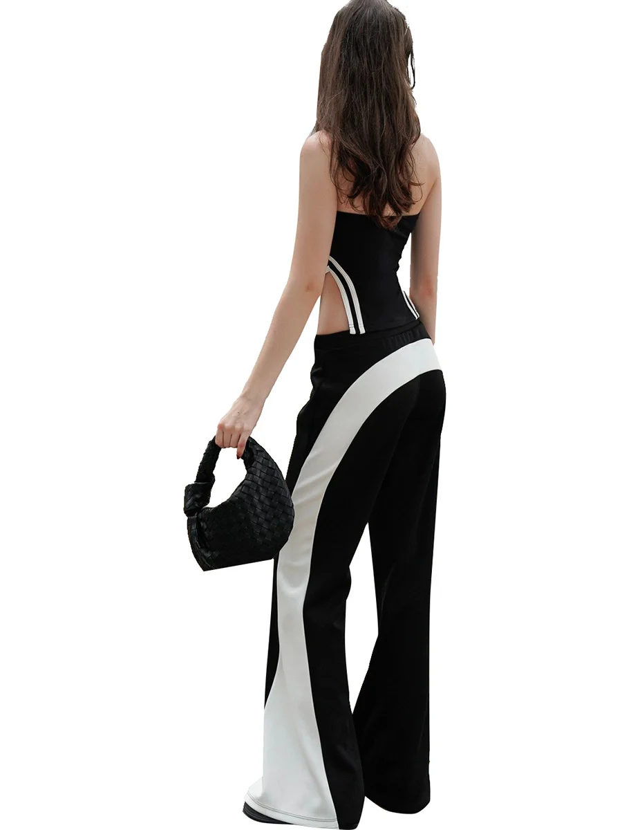 Uveng Uveng Has G24PT164 Women's Autumn New Bump Color Arc Splicing Elastic Straight Casual Flared Trousers