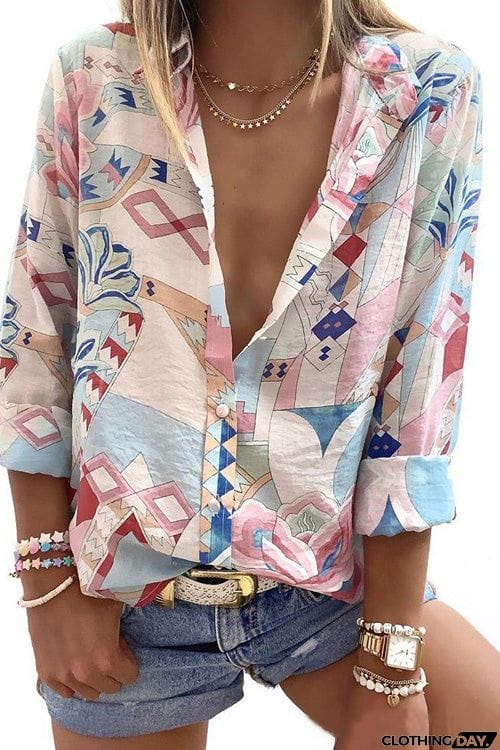 Chic Casual Printed Stand Collar Long Sleeve Slim Shirt