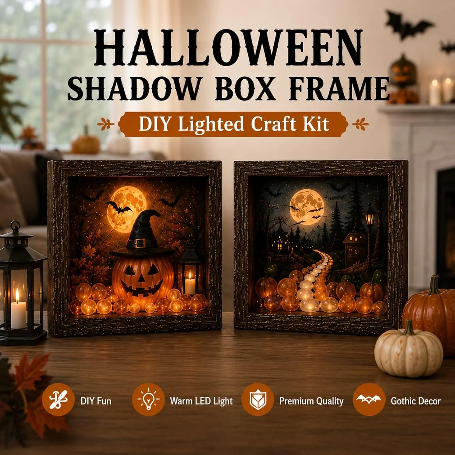 Halloween Shadow Box DIY Lighted Craft Kit Ghost Frame Night Light,Rustic Wooden Memory Display Case Art Tabletop Ornament,Warm LED Fairy Lights Spooky Cute Gothic Room Desk Decor Gifts