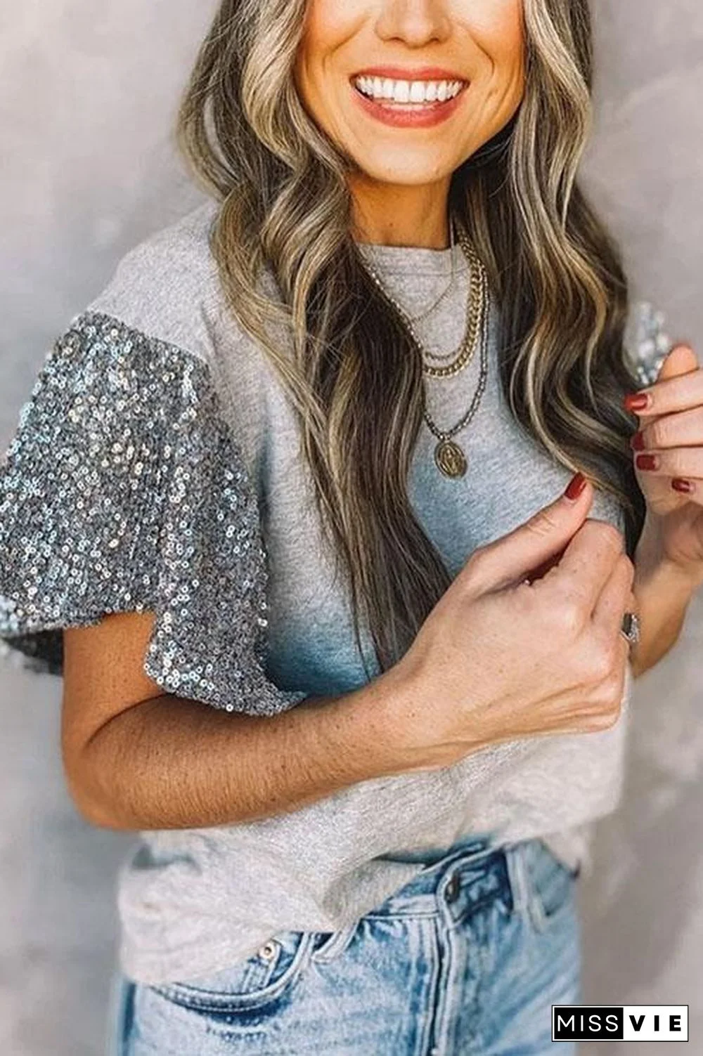 Short Sleeve Sequin Round Neck T-Shirt Top