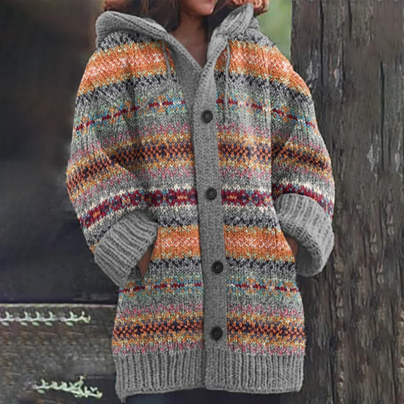 Vintage Icelandic Geometric Contrast Print Hooded Sweater Cardigan