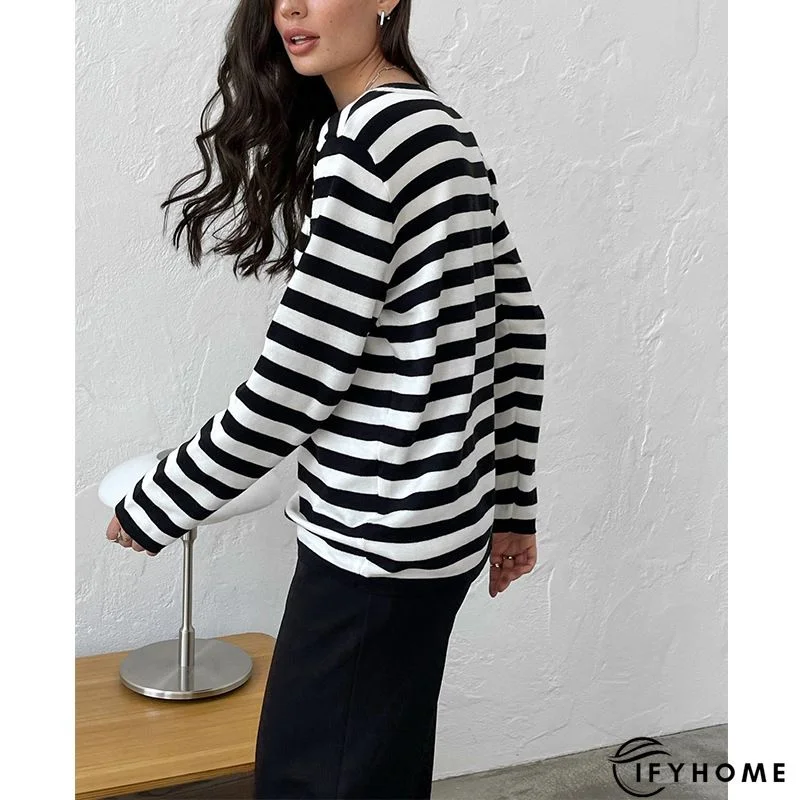 Casual Vintage Crew Neck Knitted Striped shirt & Top | IFYHOME