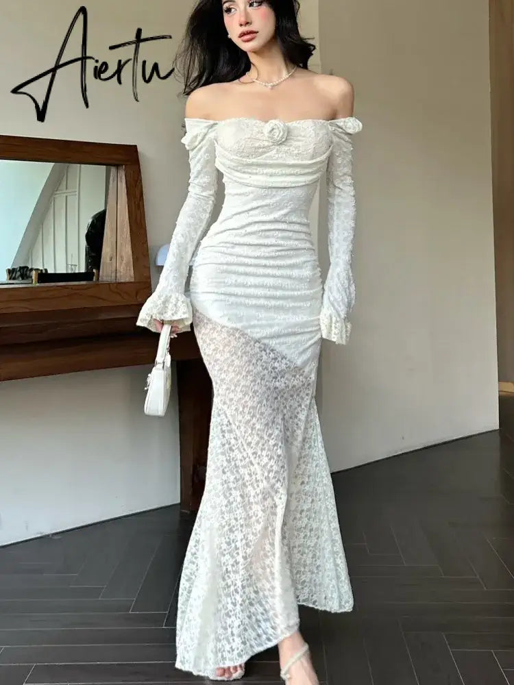Aiertu Sexy Solid Lace Long Dresses For Women Off Shoulder Bodycon Mermaid Autumn Spring Birthday Evening Party Prom Robe Vestidos New Aiertu