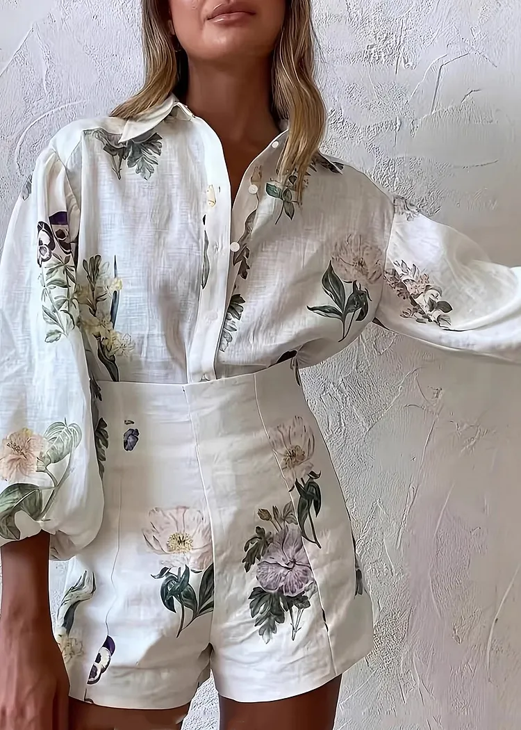 Style White Oversized Print Cotton Women Sets 2 Pieces Summer