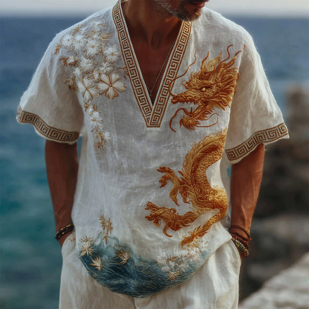 Men's Vintage Dragon & Floral Art Casual Linen V-neck T-shirt elevenforest